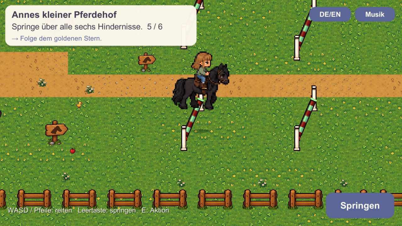Anne riding her black Friesian over a jumping fence in her personal horse-ranch game