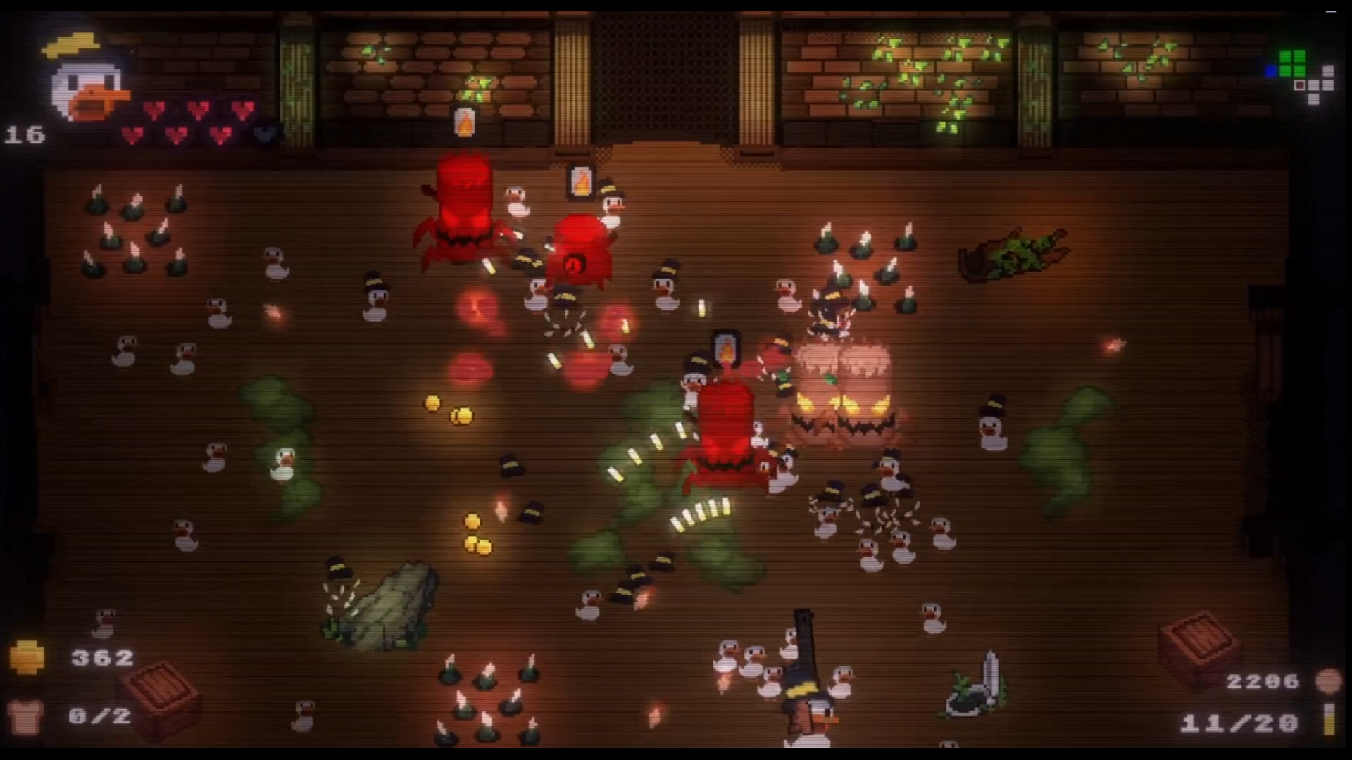 Featherless gameplay: a duck battling enemies in a pixel-art arena